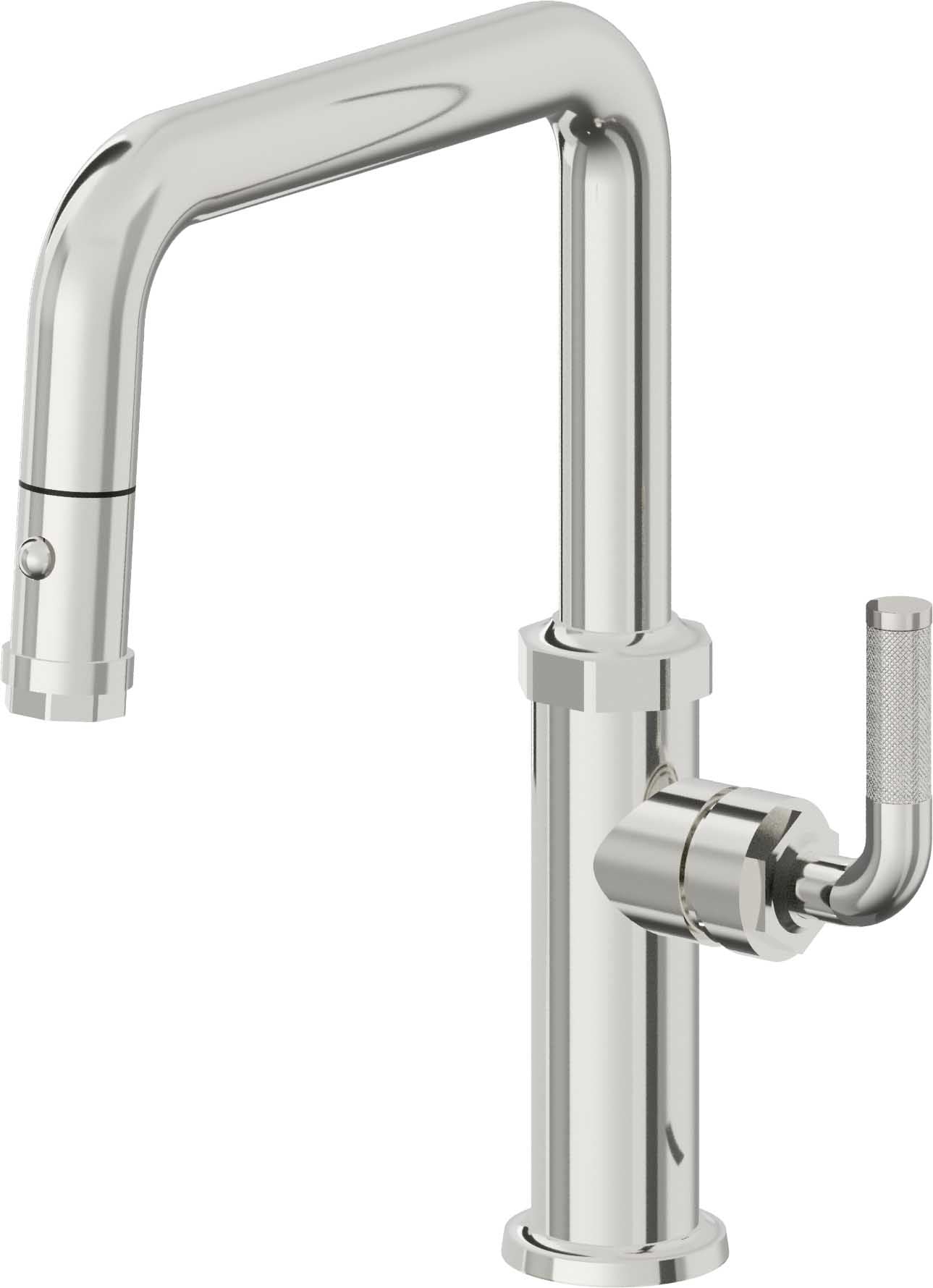 California Faucets Descanso Llave de Cocina con Rociador Extraíble hacia Abajo Industrial con Rociador de Botón - Pico Cuadrado - Cromo Pulido