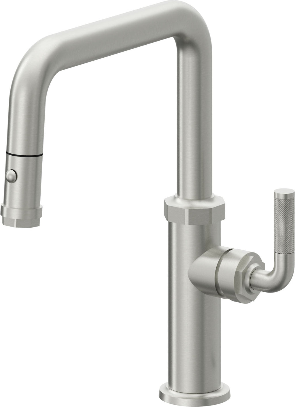 California Faucets Descanso Llave de Cocina con Rociador Extraíble hacia Abajo Industrial con Rociador de Botón - Pico Cuadrado - Cromo Satinado