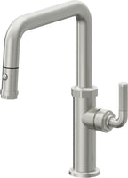 California Faucets Descanso Llave de Cocina con Rociador Extraíble hacia Abajo Industrial con Rociador de Botón - Pico Cuadrado - Cromo Satinado