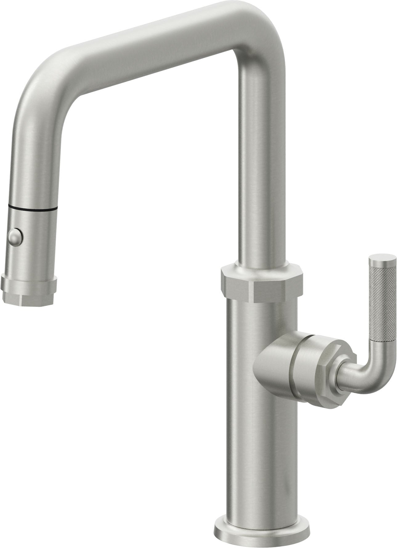 California Faucets Descanso Llave de Cocina con Rociador Extraíble hacia Abajo Industrial con Rociador de Botón - Pico Cuadrado - Cromo Satinado