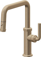 California Faucets Descanso Llave de Cocina con Rociador Extraíble hacia Abajo Industrial con Rociador de Botón - Pico Cuadrado - Latón Antiguo Mate