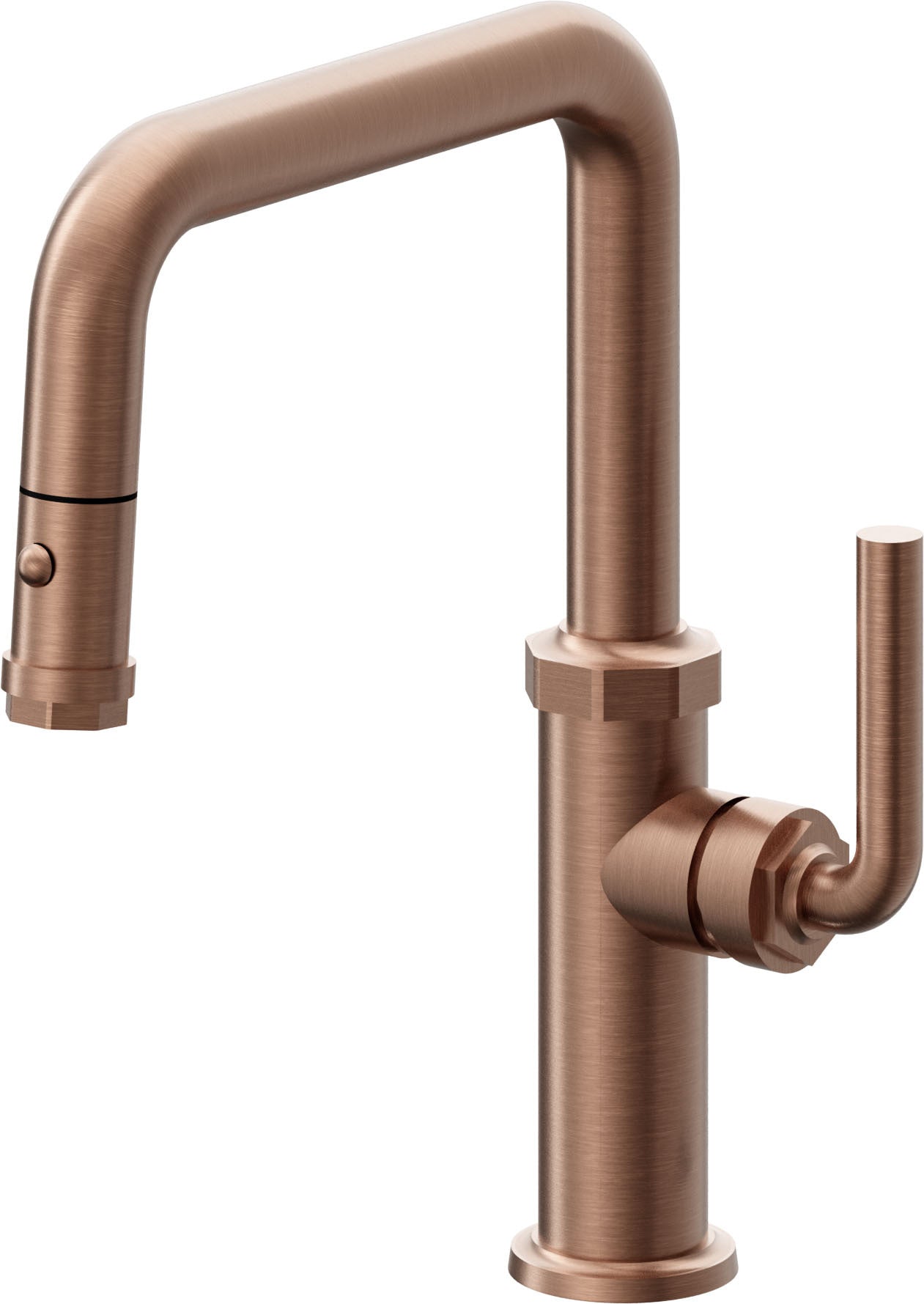 California Faucets Descanso Llave de Cocina con Rociador Extraíble hacia Abajo Industrial con Rociador de Botón - Pico Cuadrado - Cobre Antiguo Mate