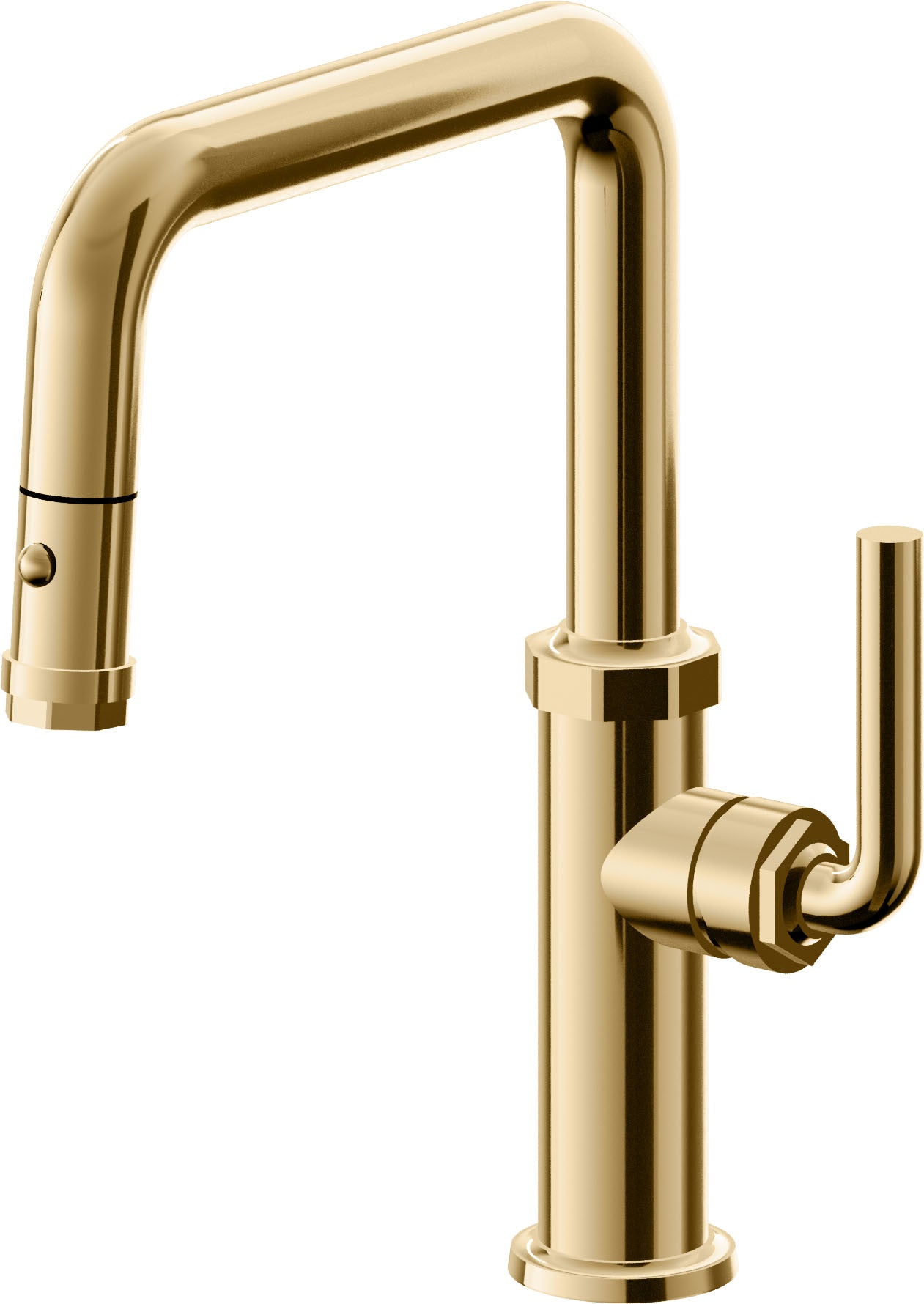 California Faucets Descanso Llave de Cocina con Rociador Extraíble hacia Abajo Industrial con Rociador de Botón - Pico Cuadrado - Oro Francés