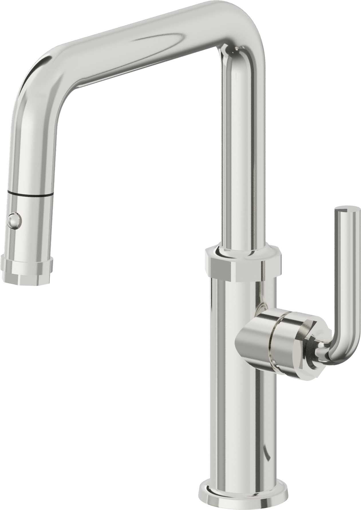 California Faucets Descanso Llave de Cocina con Rociador Extraíble hacia Abajo Industrial con Rociador de Botón - Pico Cuadrado - Cromo Pulido