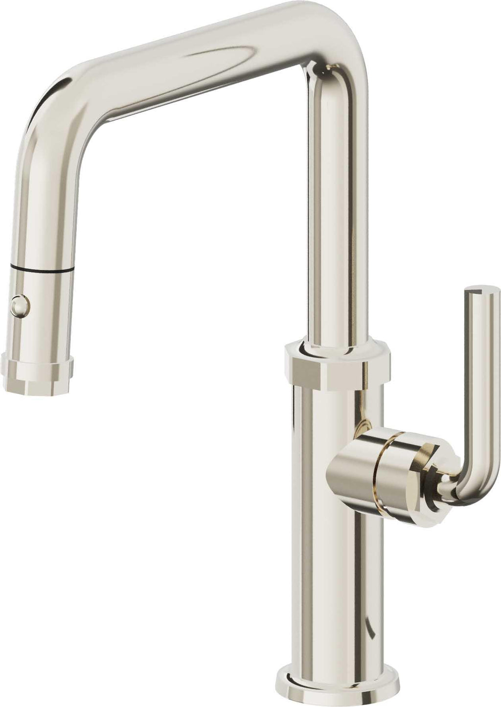 California Faucets Descanso Llave de Cocina con Rociador Extraíble hacia Abajo Industrial con Rociador de Botón - Pico Cuadrado - Níquel Pulido