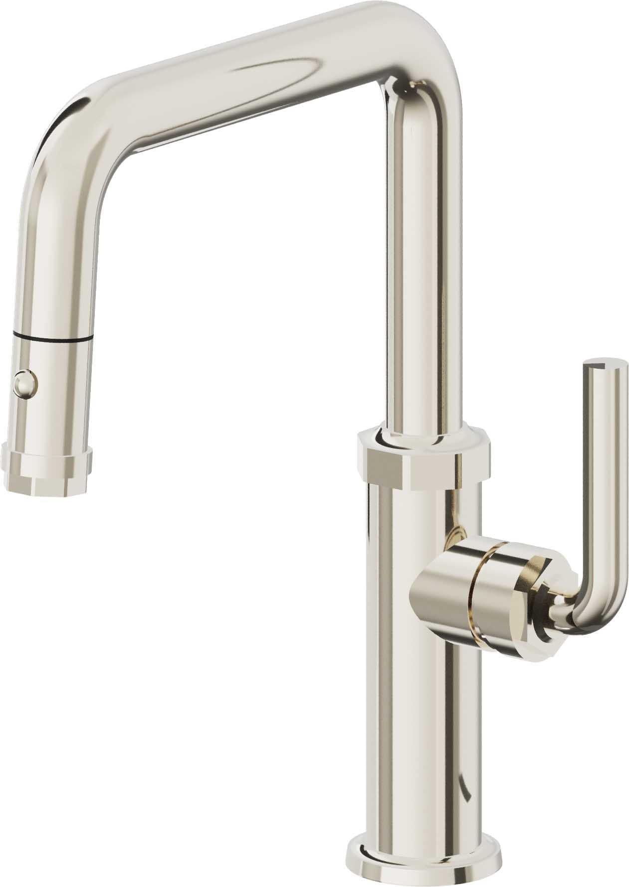 California Faucets Descanso Llave de Cocina con Rociador Extraíble hacia Abajo Industrial con Rociador de Botón - Pico Cuadrado - Níquel Pulido