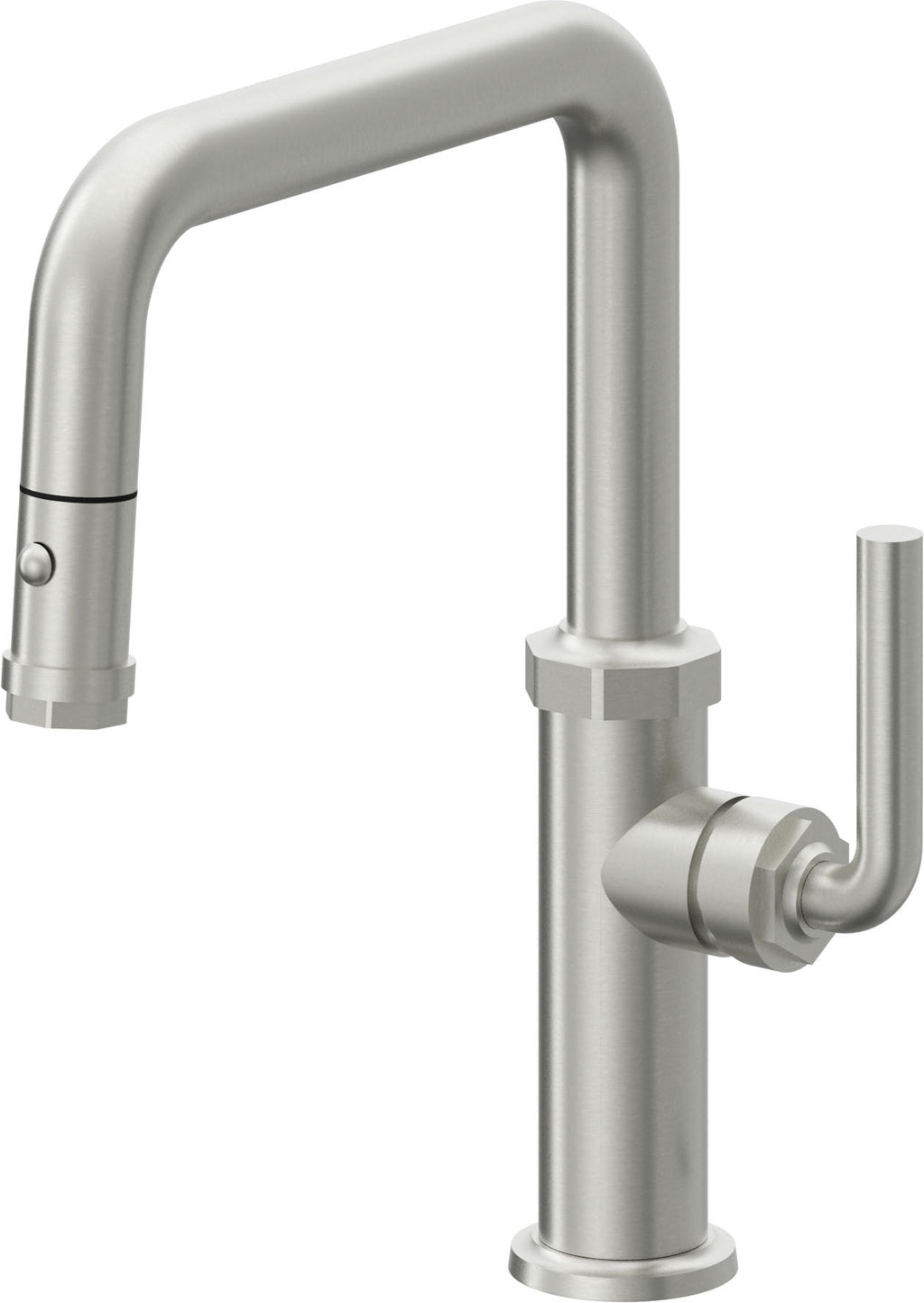 California Faucets Descanso Llave de Cocina con Rociador Extraíble hacia Abajo Industrial con Rociador de Botón - Pico Cuadrado - Cromo Satinado