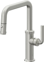 California Faucets Descanso Llave de Cocina con Rociador Extraíble hacia Abajo Industrial con Rociador de Botón - Pico Cuadrado - Cromo Satinado