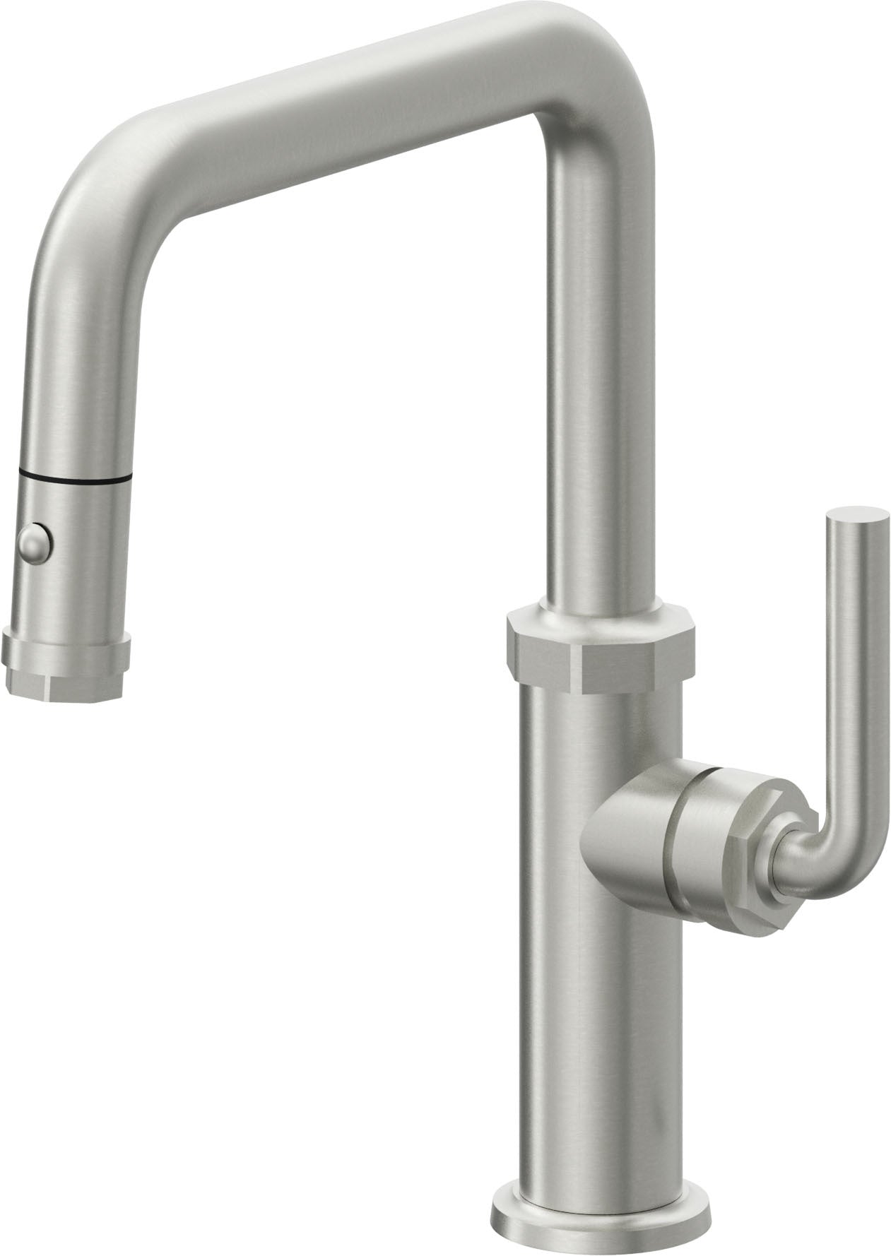 California Faucets Descanso Llave de Cocina con Rociador Extraíble hacia Abajo Industrial con Rociador de Botón - Pico Cuadrado - Cromo Satinado