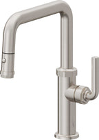 California Faucets Descanso Llave de Cocina con Rociador Extraíble hacia Abajo Industrial con Rociador de Botón - Pico Cuadrado - Acero Inoxidable Ultra