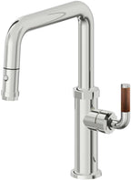 California Faucets Descanso Llave de Cocina con Rociador Extraíble hacia Abajo Industrial con Rociador de Botón - Pico Cuadrado - Cromo Pulido