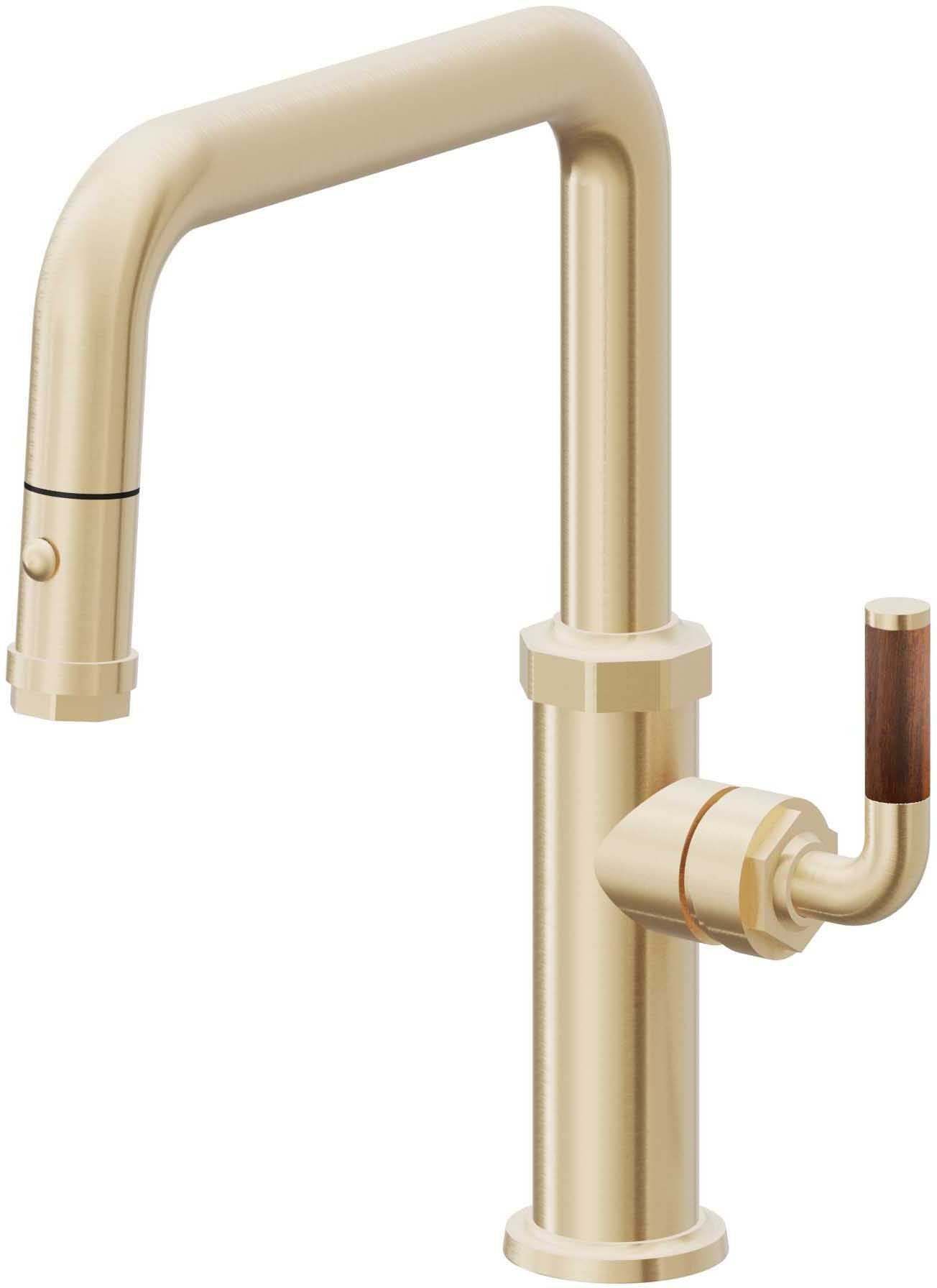 California Faucets Descanso Llave de Cocina con Rociador Extraíble hacia Abajo Industrial con Rociador de Botón - Pico Cuadrado - Latón Satinado