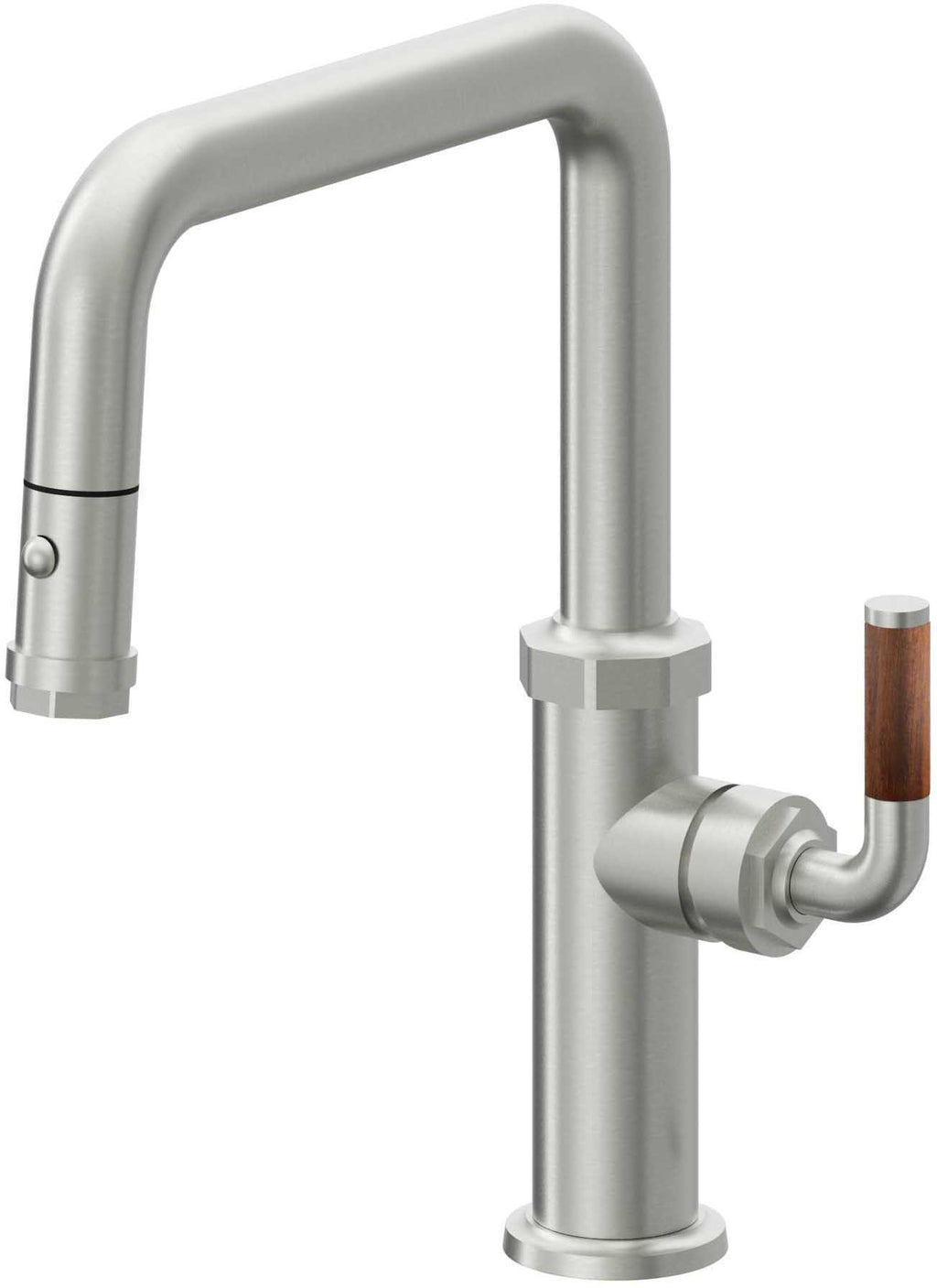 California Faucets Descanso Llave de Cocina con Rociador Extraíble hacia Abajo Industrial con Rociador de Botón - Pico Cuadrado - Cromo Satinado