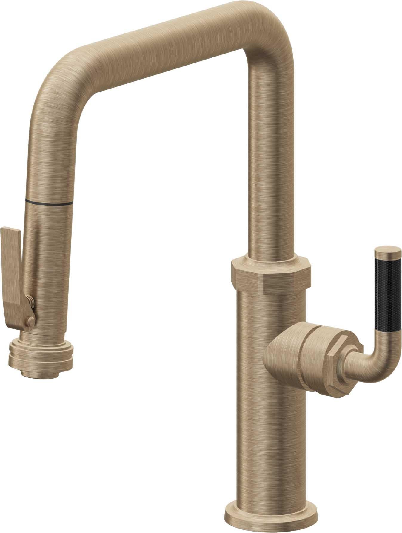 California Faucets Descanso Llave de Cocina con Rociador Extraíble hacia Abajo Industrial con Rociador de Compresión - Pico Cuadrado - Latón Antiguo Mate