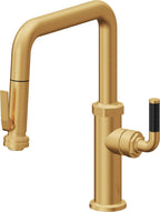 California Faucets Descanso Llave de Cocina con Rociador Extraíble hacia Abajo Industrial con Rociador de Compresión - Pico Cuadrado - Oro Satinado de por Vida