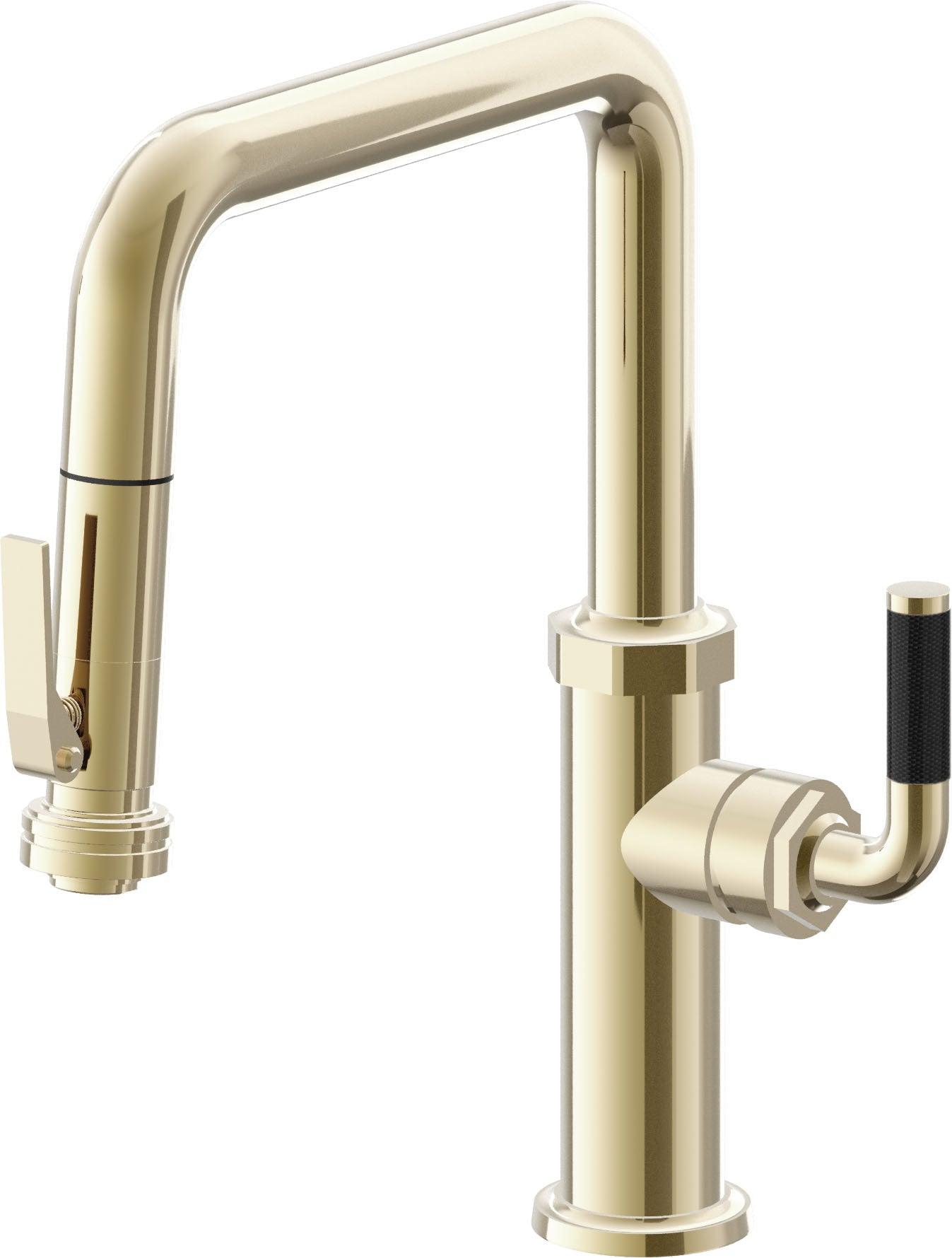 California Faucets Descanso Llave de Cocina con Rociador Extraíble hacia Abajo Industrial con Rociador de Compresión - Pico Cuadrado - Latón Pulido