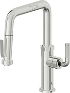 California Faucets Descanso Llave de Cocina con Rociador Extraíble hacia Abajo Industrial con Rociador de Compresión - Pico Cuadrado - Cromo Pulido