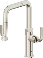 California Faucets Descanso Llave de Cocina con Rociador Extraíble hacia Abajo Industrial con Rociador de Compresión - Pico Cuadrado - Níquel Pulido