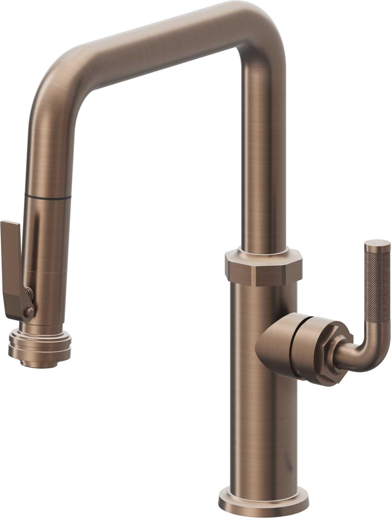 California Faucets Descanso Llave de Cocina con Rociador Extraíble hacia Abajo Industrial con Rociador de Compresión - Pico Cuadrado - Bronce Satinado