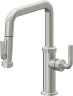 California Faucets Descanso Llave de Cocina con Rociador Extraíble hacia Abajo Industrial con Rociador de Compresión - Pico Cuadrado - Cromo Satinado