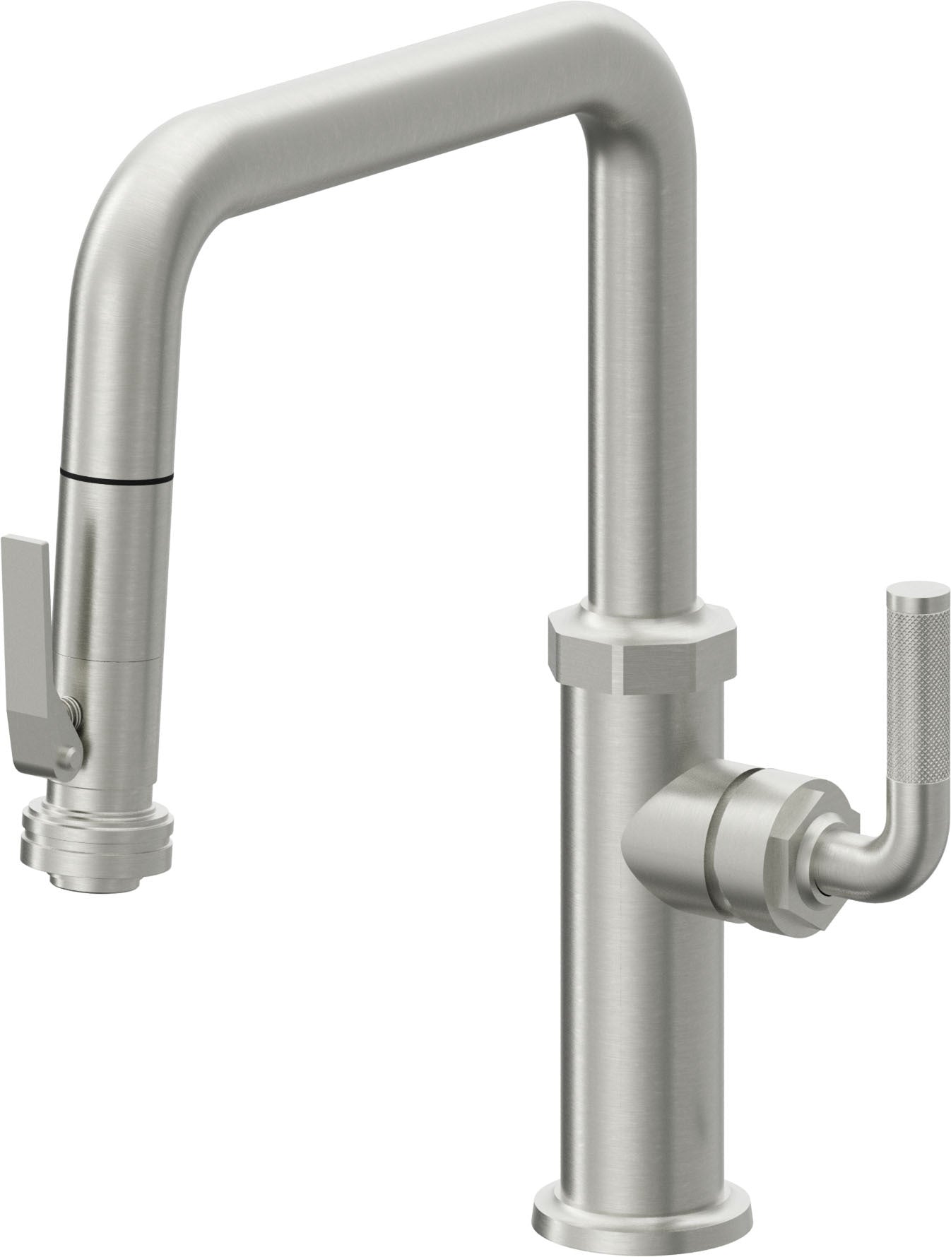 California Faucets Descanso Llave de Cocina con Rociador Extraíble hacia Abajo Industrial con Rociador de Compresión - Pico Cuadrado - Cromo Satinado