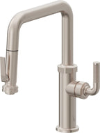 California Faucets Descanso Llave de Cocina con Rociador Extraíble hacia Abajo Industrial con Rociador de Compresión - Pico Cuadrado - Níquel Satinado