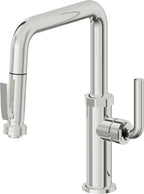 California Faucets Descanso Llave de Cocina con Rociador Extraíble hacia Abajo Industrial con Rociador de Compresión - Pico Cuadrado - Cromo Pulido