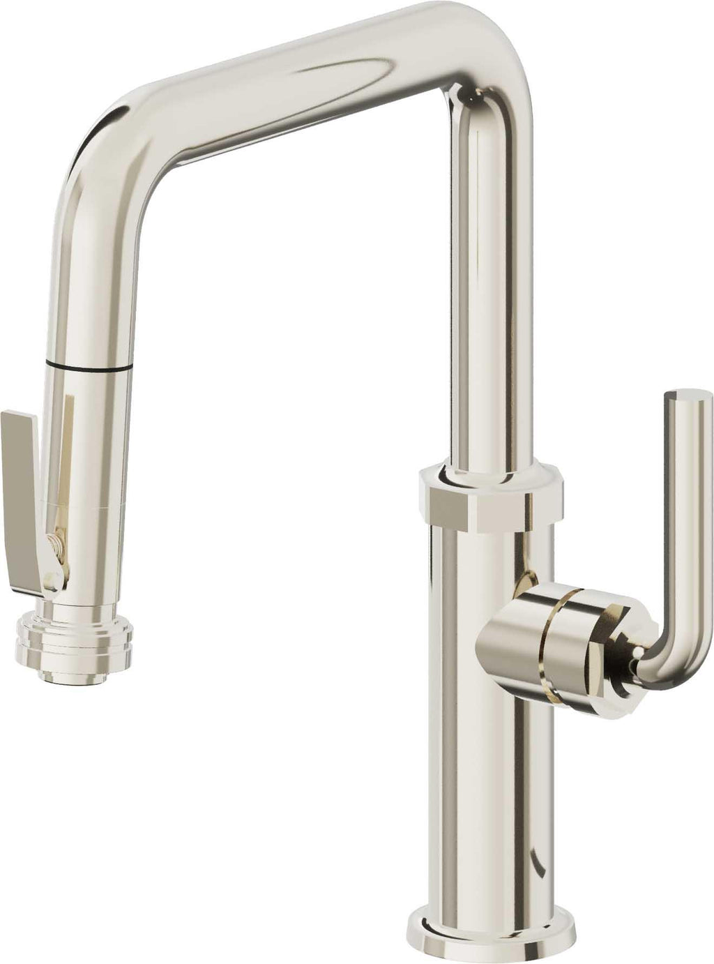 California Faucets Descanso Llave de Cocina con Rociador Extraíble hacia Abajo Industrial con Rociador de Compresión - Pico Cuadrado - Níquel Pulido