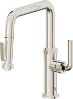 California Faucets Descanso Llave de Cocina con Rociador Extraíble hacia Abajo Industrial con Rociador de Compresión - Pico Cuadrado - Níquel Pulido