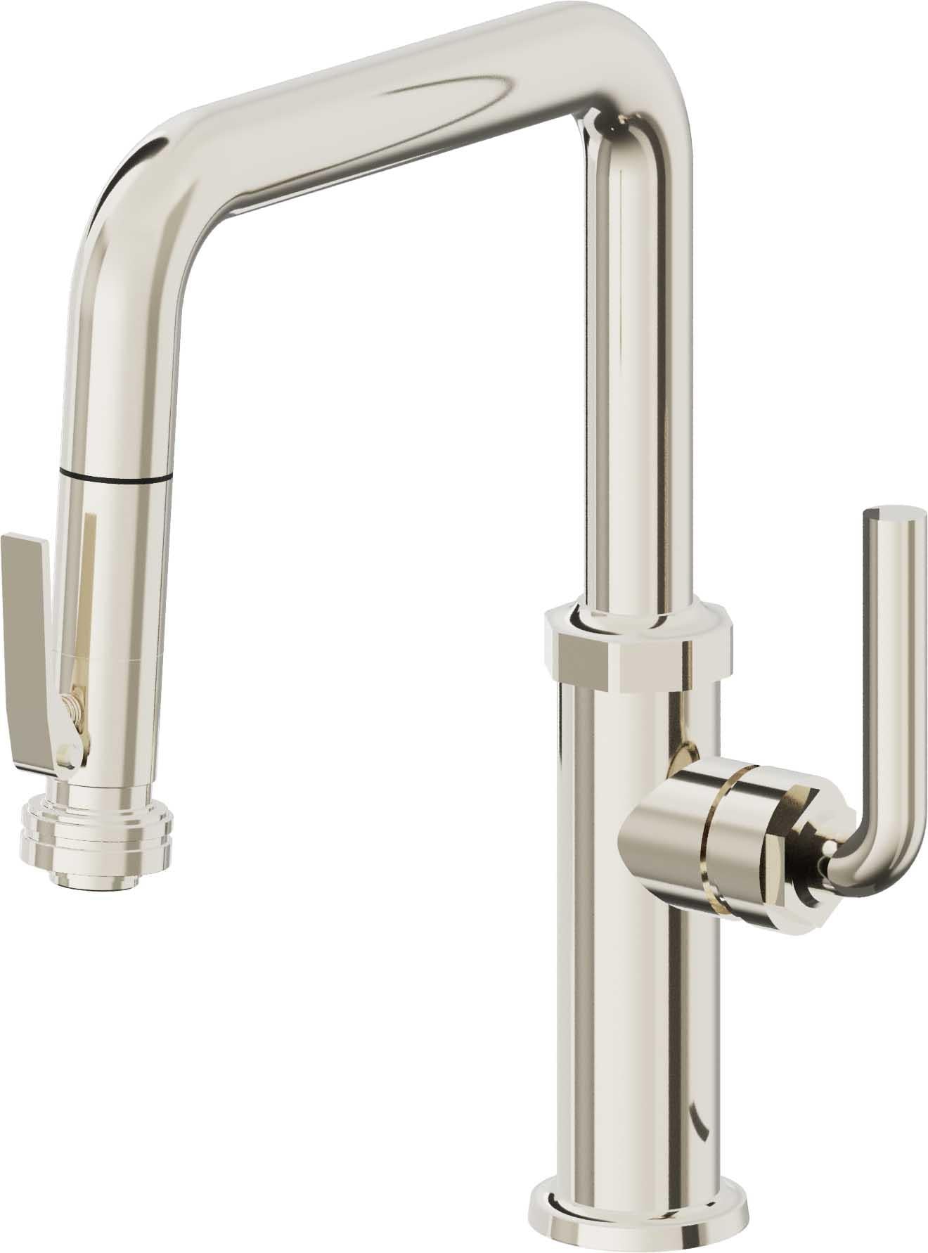 California Faucets Descanso Llave de Cocina con Rociador Extraíble hacia Abajo Industrial con Rociador de Compresión - Pico Cuadrado - Níquel Pulido