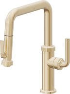 California Faucets Descanso Llave de Cocina con Rociador Extraíble hacia Abajo Industrial con Rociador de Compresión - Pico Cuadrado - Latón Satinado
