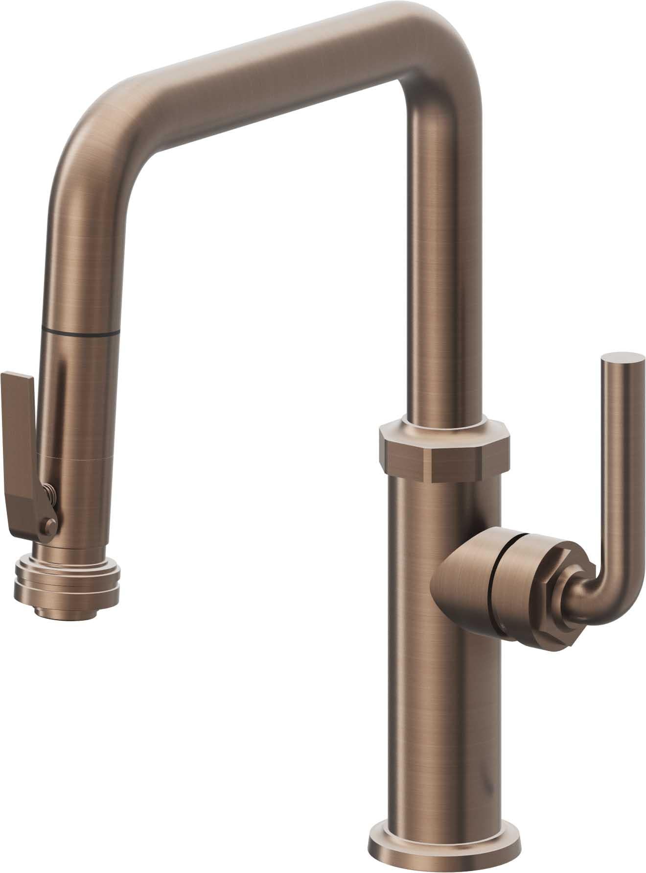 California Faucets Descanso Llave de Cocina con Rociador Extraíble hacia Abajo Industrial con Rociador de Compresión - Pico Cuadrado - Bronce Satinado