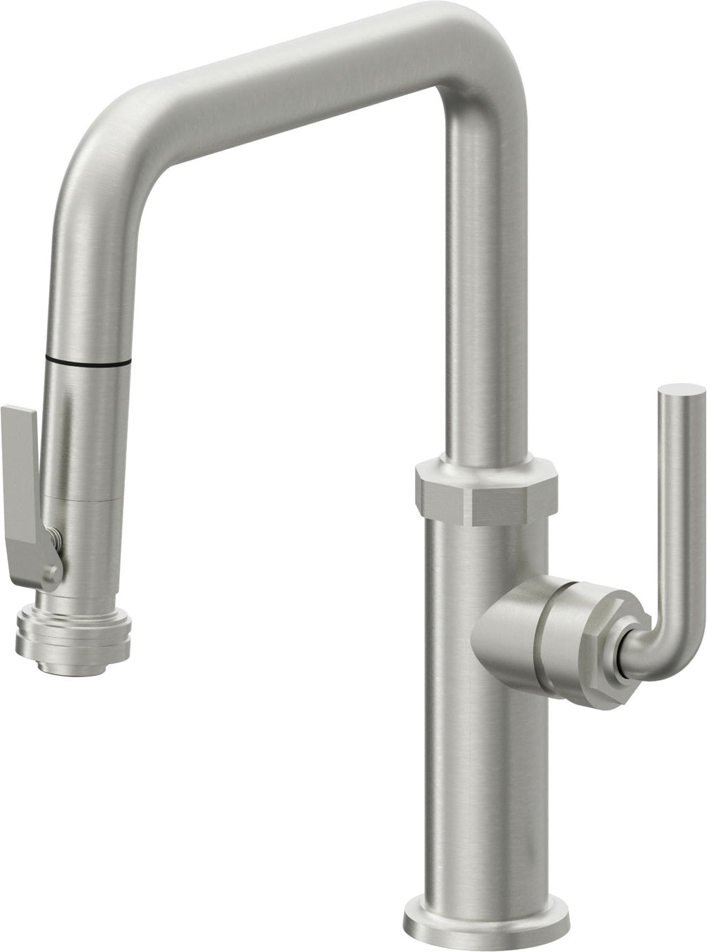 California Faucets Descanso Llave de Cocina con Rociador Extraíble hacia Abajo Industrial con Rociador de Compresión - Pico Cuadrado - Cromo Satinado
