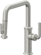 California Faucets Descanso Llave de Cocina con Rociador Extraíble hacia Abajo Industrial con Rociador de Compresión - Pico Cuadrado - Cromo Satinado