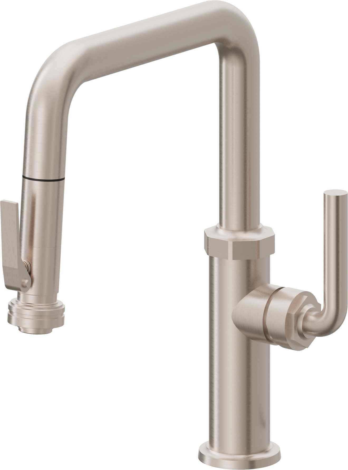 California Faucets Descanso Llave de Cocina con Rociador Extraíble hacia Abajo Industrial con Rociador de Compresión - Pico Cuadrado - Níquel Satinado