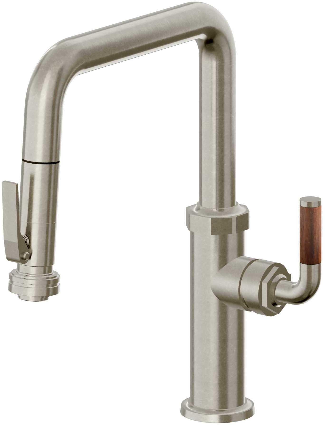 California Faucets Descanso Llave de Cocina con Rociador Extraíble hacia Abajo Industrial con Rociador de Compresión - Pico Cuadrado - Níquel Bruñido