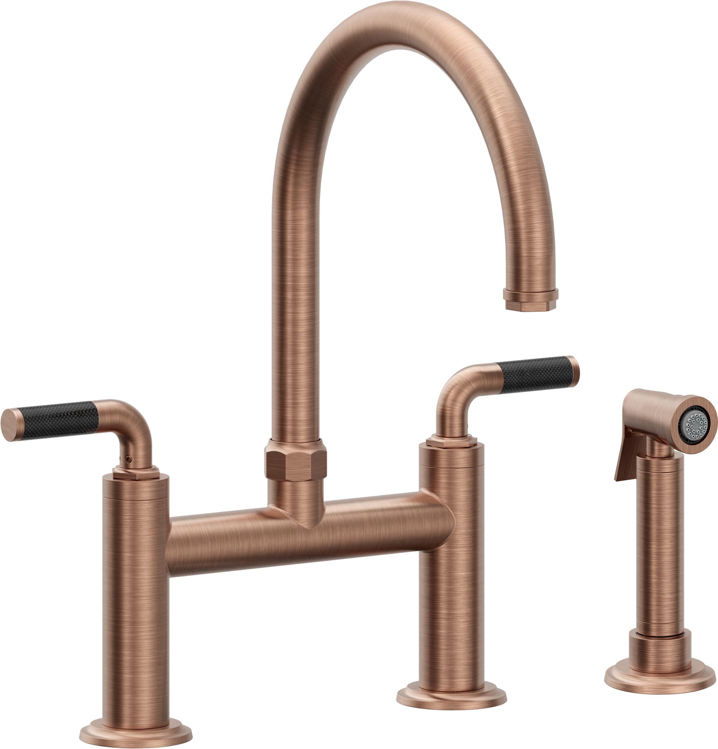 California Faucets Descanso Llave de Cocina Tipo Puente Industrial con Rociador Lateral - Pico en Arco - Cobre Antiguo Mate