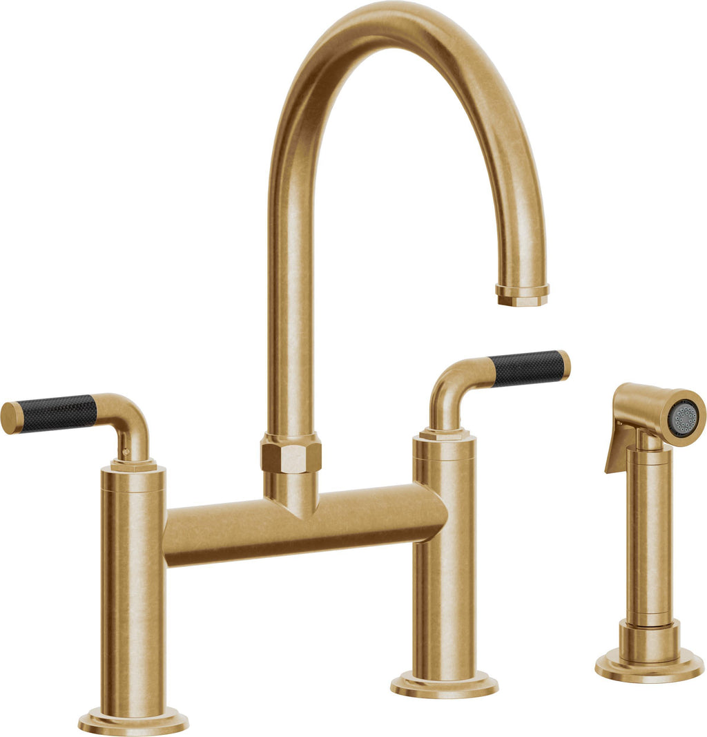 California Faucets Descanso Llave de Cocina Tipo Puente Industrial con Rociador Lateral - Pico en Arco - Latón Bruñido
