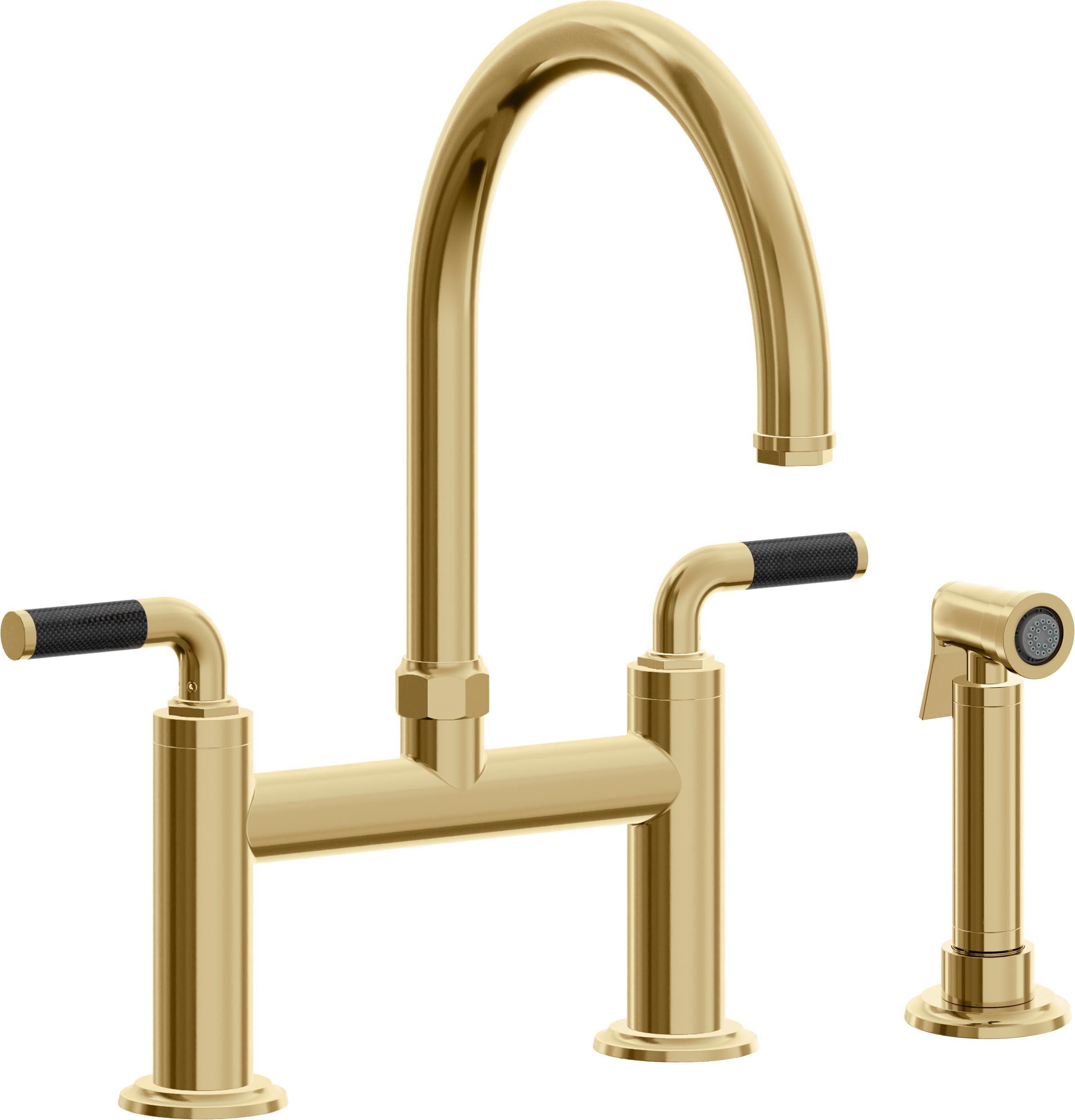 California Faucets Descanso Llave de Cocina Tipo Puente Industrial con Rociador Lateral - Pico en Arco - Oro Francés