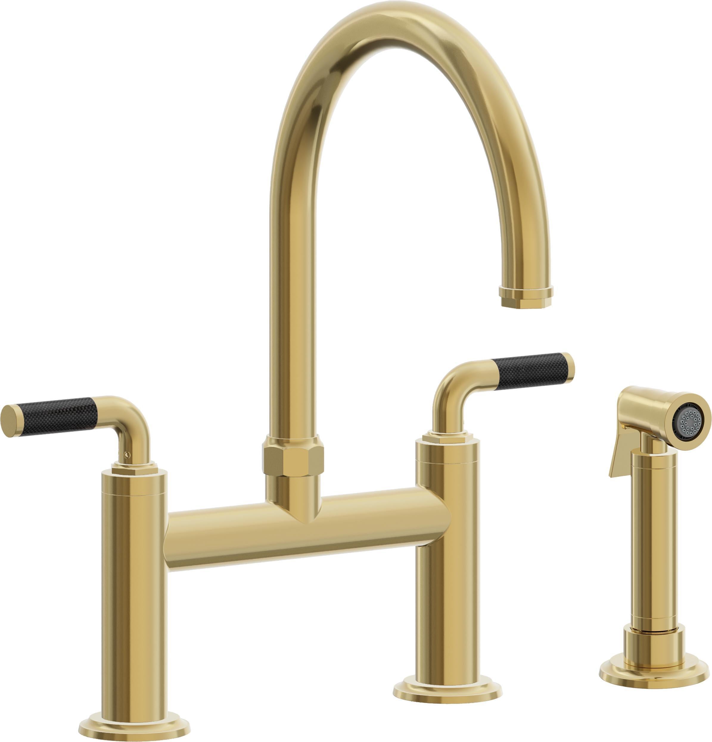 California Faucets Descanso Llave de Cocina Tipo Puente Industrial con Rociador Lateral - Pico en Arco - Oro Pulido de por Vida