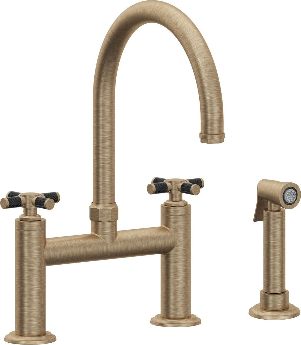 California Faucets Descanso Llave de Cocina Tipo Puente Industrial con Rociador Lateral - Pico en Arco - Latón Antiguo Mate