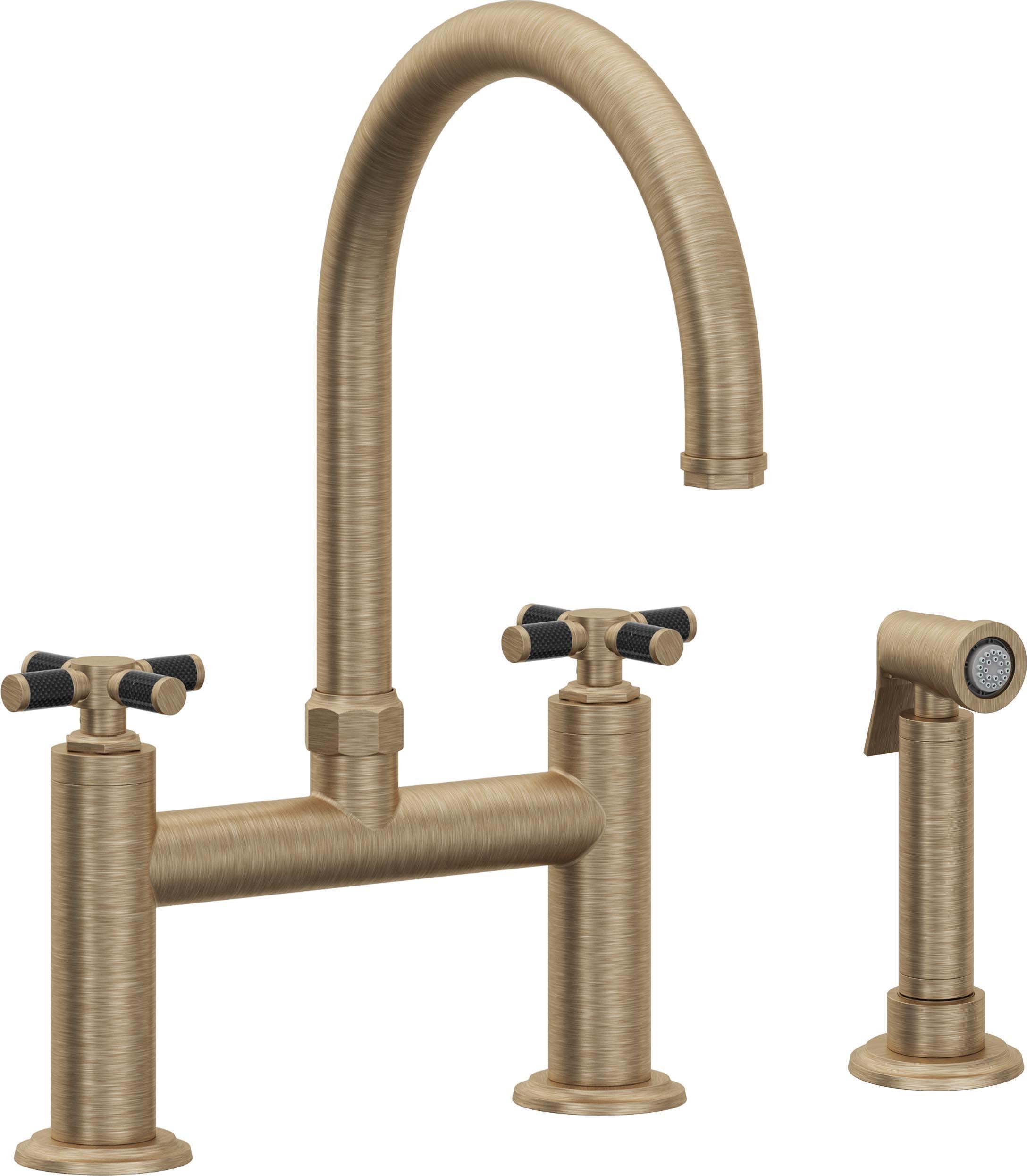 California Faucets Descanso Llave de Cocina Tipo Puente Industrial con Rociador Lateral - Pico en Arco - Latón Antiguo Mate