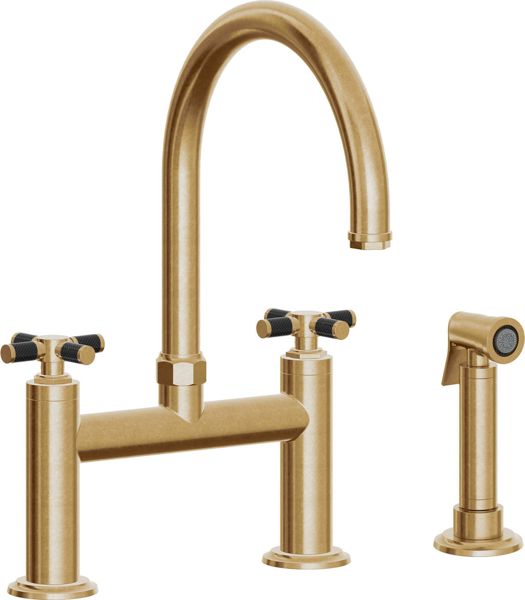 California Faucets Descanso Llave de Cocina Tipo Puente Industrial con Rociador Lateral - Pico en Arco - Latón Bruñido