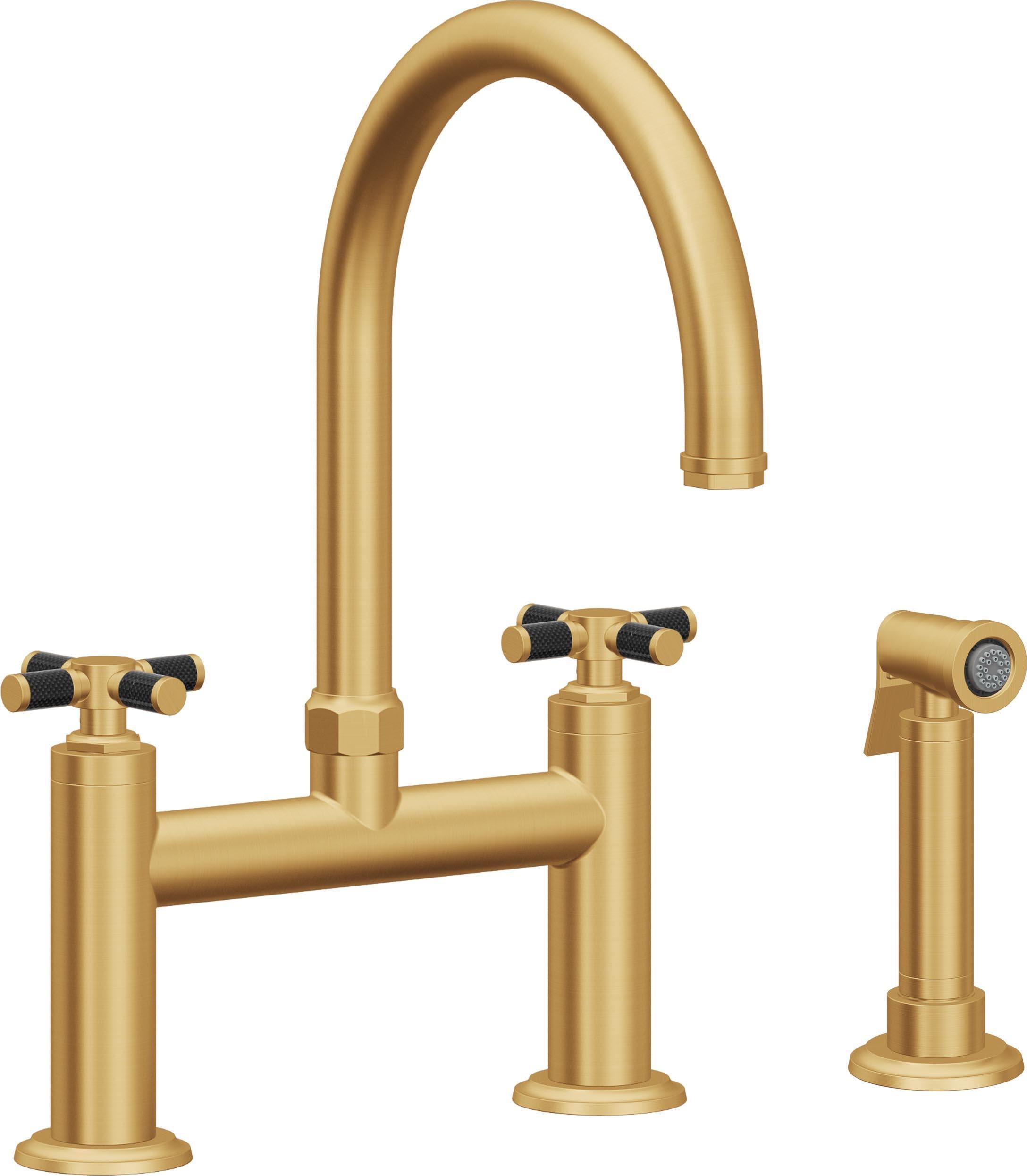 California Faucets Descanso Llave de Cocina Tipo Puente Industrial con Rociador Lateral - Pico en Arco - Oro Satinado de por Vida