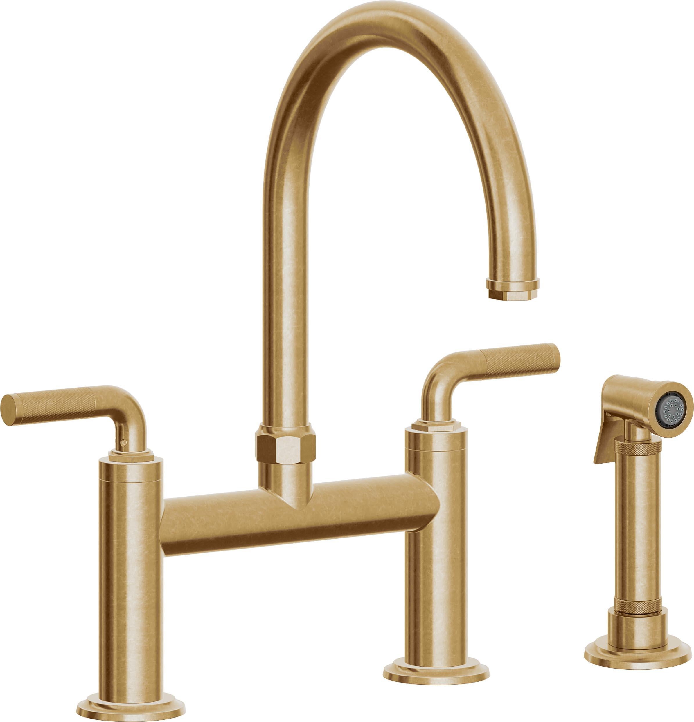 California Faucets Descanso Llave de Cocina Tipo Puente Industrial con Rociador Lateral - Pico en Arco - Latón Bruñido