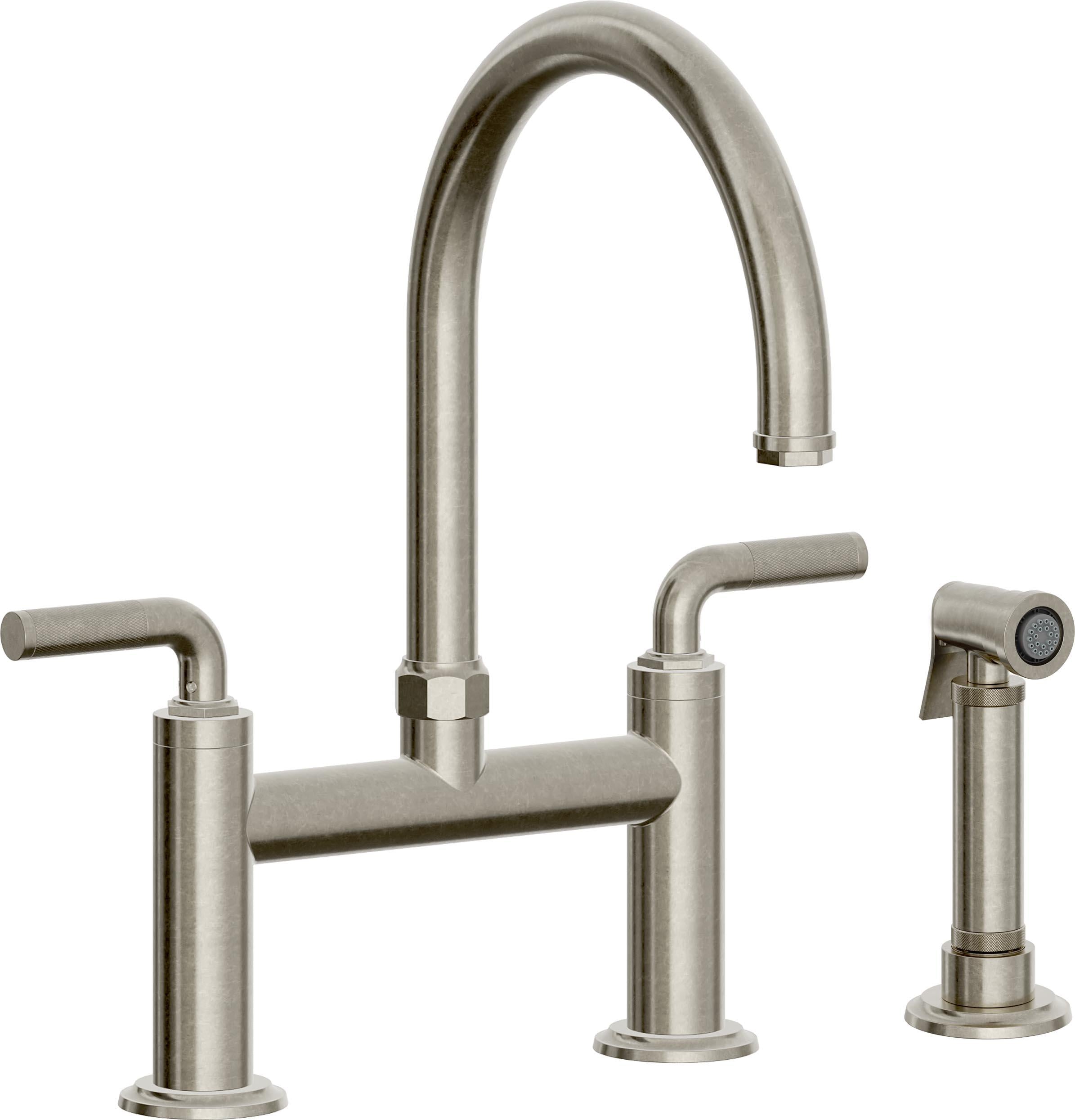 California Faucets Descanso Llave de Cocina Tipo Puente Industrial con Rociador Lateral - Pico en Arco - Níquel Bruñido