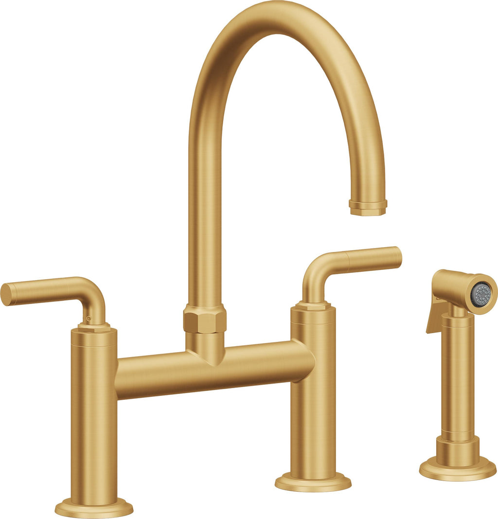 California Faucets Descanso Llave de Cocina Tipo Puente Industrial con Rociador Lateral - Pico en Arco - Oro Satinado de por Vida