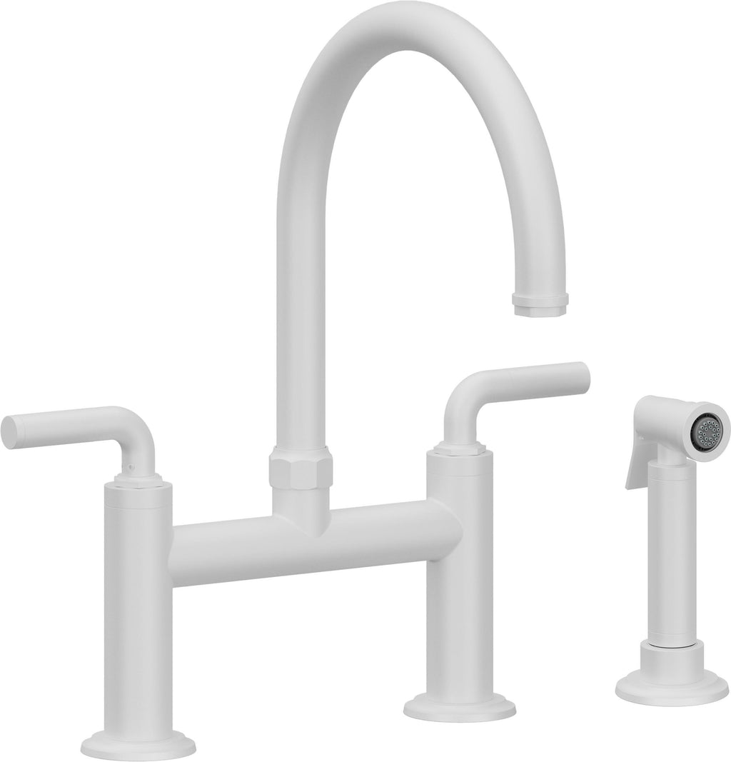 California Faucets Descanso Llave de Cocina Tipo Puente Industrial con Rociador Lateral - Pico en Arco - Blanco Mate