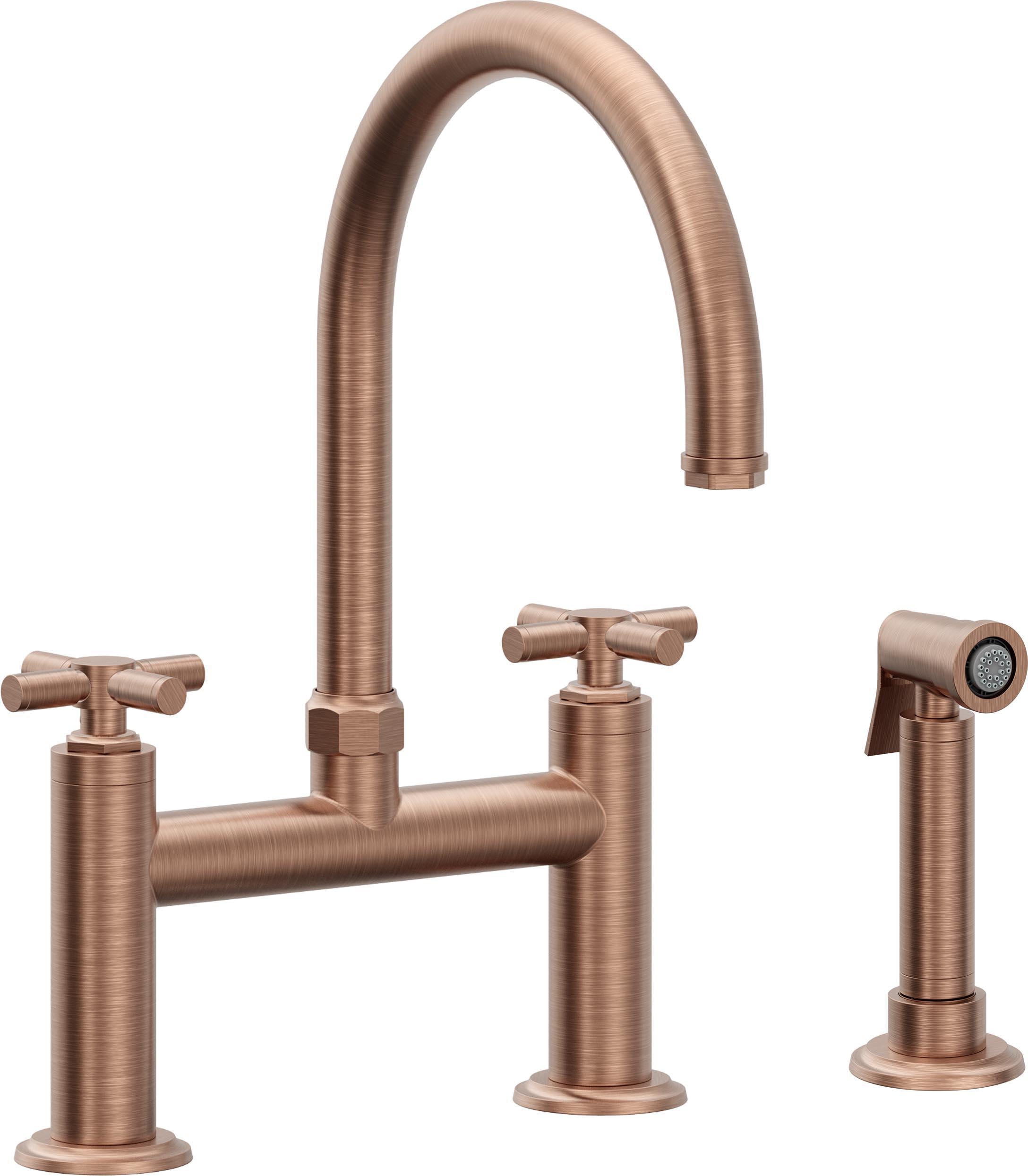 California Faucets Descanso Llave de Cocina Tipo Puente Industrial con Rociador Lateral - Pico en Arco - Cobre Antiguo Mate