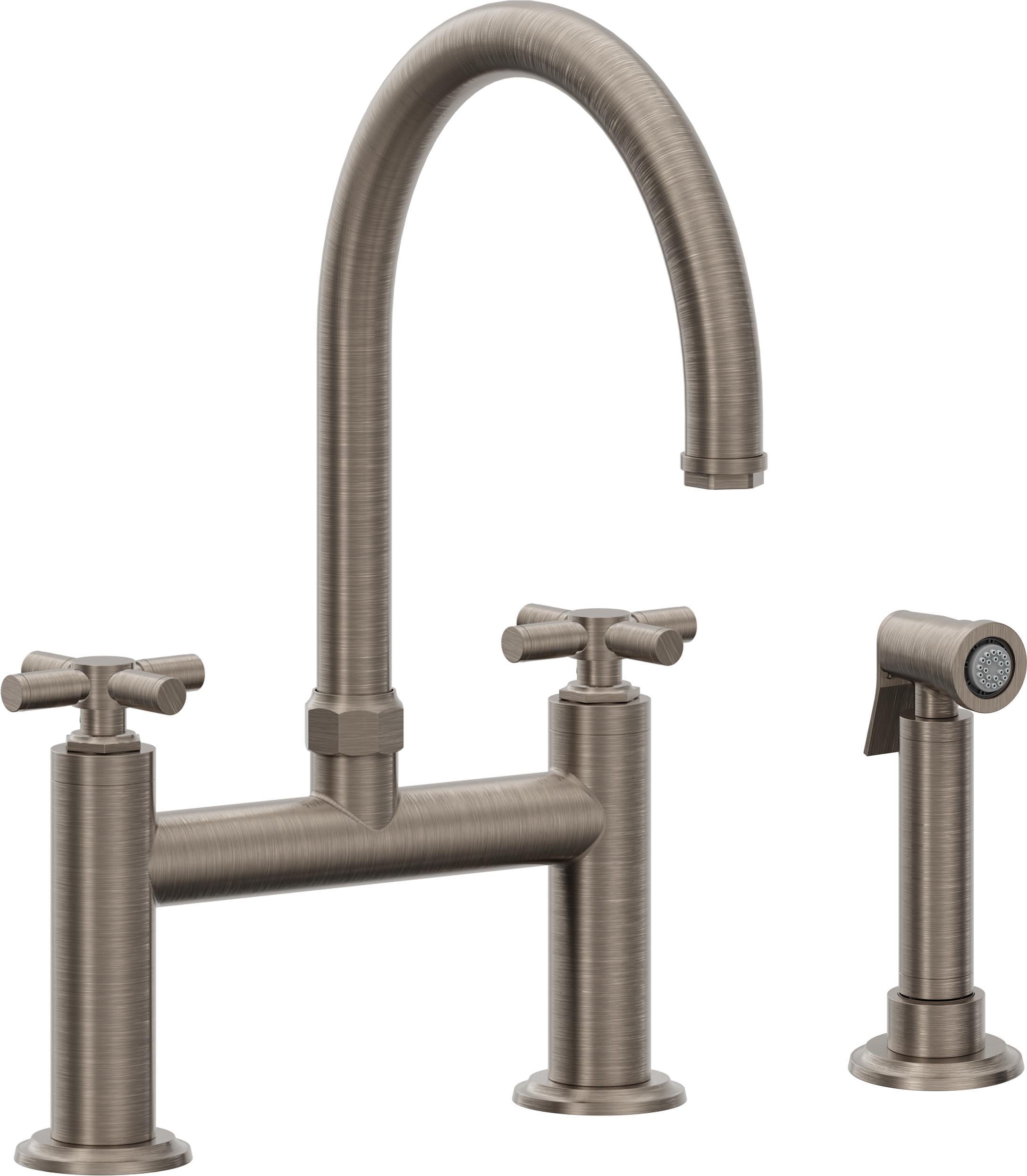 California Faucets Descanso Llave de Cocina Tipo Puente Industrial con Rociador Lateral - Pico en Arco - Níquel Antiguo Mate